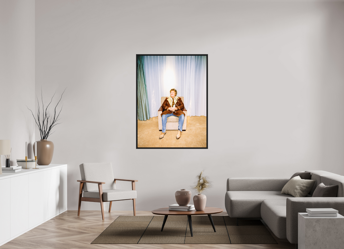 105 x 140 cm, Floater Frame | Black Matte Rod Stewart 01