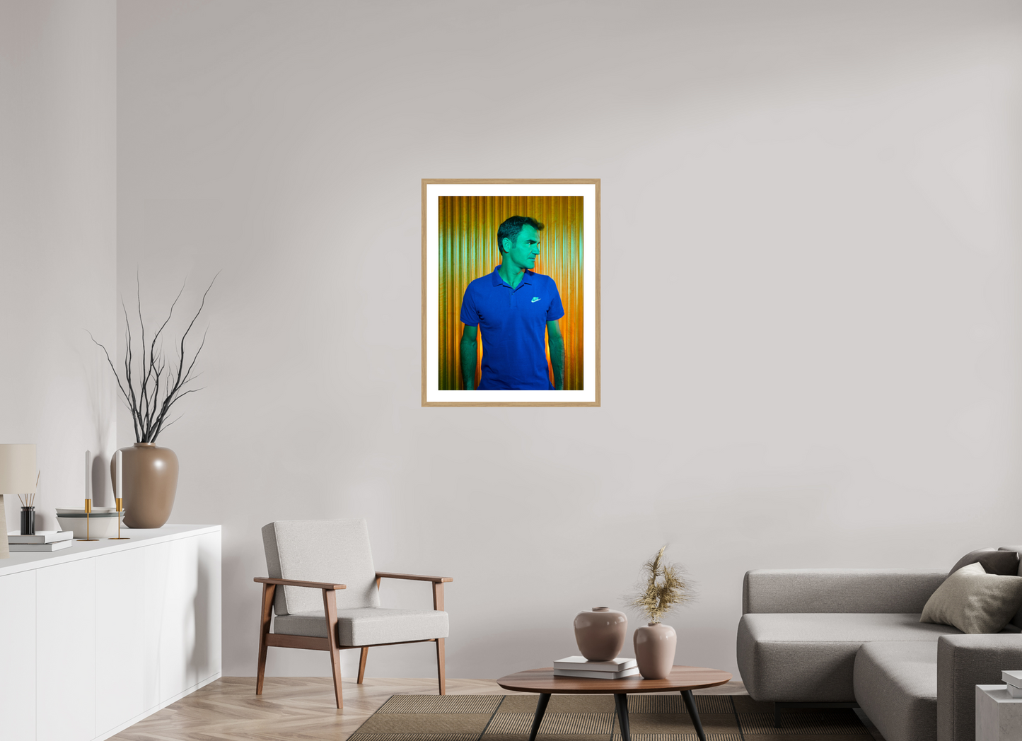 60 x 80 cm, Wood Frame with Passe-Partout | Oak Roger Federer 01